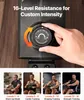 A close-up of a hand adjusting the resistance knob on a rowing machine, with four smaller images below showing people using the machine at different intensity levels. Produktbild-Vorschau