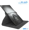 A black tablet case is shown standing upright with a tablet inside, displaying a black and white image of a pier. Produktbild-Vorschau