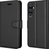 A black leather flip case for a smartphone is shown from two angles. Produktbild-Vorschau