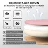 Marketing image showing features of a cushion with text and icons. Produktbild-Vorschau