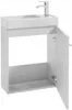A white bathroom cabinet with a sink and faucet. Produktbild-Vorschau