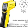 A yellow and black infrared thermometer with text and diagrams explaining its features. Produktbild-Vorschau