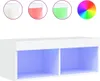 A white TV cabinet with two open compartments illuminated by blue LED lights. Above the cabinet are circular insets showing different LED color options (white, red, green) and a color wheel. Produktbild-Vorschau