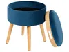 A blue velvet storage ottoman with wooden legs and a detached lid. Náhľad obrázku produktu