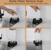 A collage of four images showing a cup washer being used in a sink to clean different types of cups and a blender. Podgląd zdjęcia produktu