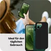 A person holding a phone with a green wallpaper, with two phone cases in the foreground. Text overlay indicates suitability for daily use. Produktbild-Vorschau