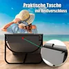 A woman sits on a beach chair on a sandy beach, looking out at the ocean. A close-up inset shows a zippered pocket on the chair. Produktbild-Vorschau