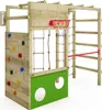 A wooden climbing frame with various activities like a climbing wall, basketball hoop, and monkey bars. Podgląd zdjęcia produktu