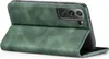 A green flip cover case for a Samsung Galaxy S21 FE phone is shown from the side, open. Produktbild-Vorschau