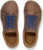A top-down view of a pair of brown Birkenstock shoes with blue laces. Produktbild-Vorschau