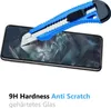 A utility knife is shown scratching a smartphone screen protector to demonstrate its anti-scratch properties. Produktbild-Vorschau