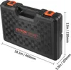 A black plastic tool case with orange latches, showing dimensions. Produktbild-Vorschau