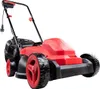 A red and black electric lawnmower shown from a low-angle front-side view against a white background. Produktbild-Vorschau
