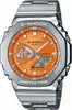 A close-up studio shot of a G-Shock watch with an orange face and silver metal band. Produktbild-Vorschau