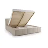 A bed with its mattress lifted, revealing storage space underneath. Produktbild-Vorschau