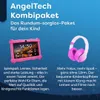 A marketing image showing a pink tablet in a protective case and pink headphones against a blue background with star patterns. Produktbild-Vorschau