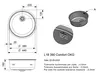 Technical drawing and perspective views of a sink with dimensions and specifications. Produktbild-Vorschau