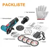 A flat lay of a mini angle grinder kit with all its accessories, laid out on a white background with German labels. Produktbild-Vorschau