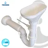 A white plastic sink trap with a funnel-shaped inlet and a wall connection. Produktbild-Vorschau