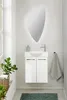 A modern bathroom vanity with a sink, faucet, and cabinet, illuminated by a unique LED mirror. Produktbild-Vorschau