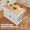 A white kitchen island with a wooden countertop, featuring storage shelves and a drawer, is shown in a kitchen setting with two wooden chairs. Náhľad obrázku produktu