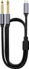 A black audio cable with two 6.35mm jack connectors on one end and a USB Type-C connector on the other, laid out on a white background. Anteprima dell’immagine prodotto