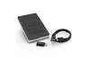 A black external hard drive with a keypad, a USB cable, and a USB-C adapter are arranged on a white background. Produktbild-Vorschau