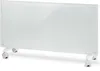 A white glass panel heater with wheels is shown against a white background. Náhľad obrázku produktu