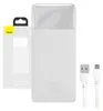A white Baseus Bipow power bank and its packaging are shown, along with two white charging cables. Produktbild-Vorschau