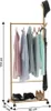 A bamboo garment rack with clothes and shoes on it, with dimensions indicated. Produktbild-Vorschau