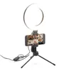A ring light with a smartphone mounted on a tripod, displaying a video call. Produktbild-Vorschau