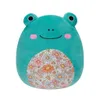 A plush toy frog with a floral pattern on its belly, presented against a white background. Produktbild-Vorschau