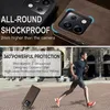A collage of images showcasing a phone case, with text highlighting its features and a person running. Produktbild-Vorschau