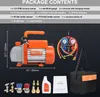 A collection of tools and equipment for air conditioning maintenance, including a vacuum pump, manifold gauge, hoses, adapters, bottle openers, oil, and a toolkit bag, laid out against a dark background. Anteprima dell’immagine prodotto