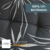 A close-up of a dark gray cushion with a white floral pattern, featuring various certification logos and text overlays. Produktbild-Vorschau