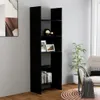 A black bookshelf filled with books and decorative items in a room with a chair and a plant. Náhled obrázku produktu