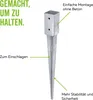 A metal ground spike with text labels highlighting its features. Produktbild-Vorschau