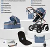 A collage of images showing a baby stroller and its various components and accessories. Produktbild-Vorschau