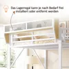 Close-up view of the top section of a white metal bunk bed, showing a shelf with a perforated metal front and wooden accents. Text and a lightbulb icon are overlaid on the image. Anteprima dell’immagine prodotto
