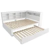 A white corner daybed with a pull-out trundle bed and built-in shelving. Produktbild-Vorschau