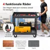 A man is using a black rolling tool cart in a workshop setting. The cart has two shelves with tools and toolboxes on them. There are also images showing different floor types and a diagram of a wheel. Podgląd zdjęcia produktu