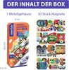 A collage of a magnetic train building toy set, showing the packaging and various magnetic pieces arranged to form trains and other scenes. Produktbild-Vorschau