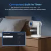A projector is shown on a nightstand next to a bed, with a screen displaying power and energy settings. Produktbild-Vorschau