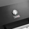 A close-up view of a black gas grill lid, showing a thermometer and a brand logo. Produktbild-Vorschau