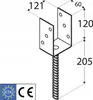 A technical drawing of a U-shaped post anchor with dimensions and certification marks. Náhled obrázku produktu