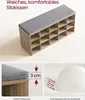 A collage showing a shoe bench with a cushioned top, a close-up of the cushion's thickness, and a diagram illustrating the elasticity of the material. Produktbild-Vorschau