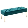 A teal velvet tufted bench with gold metal legs, presented against a white background. Podgląd zdjęcia produktu