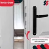 A close-up view of a black door handle and lock mechanism on a white door, with a red arrow pointing to the handle and text overlay. Produktbild-Vorschau