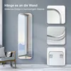 A full-length mirror is displayed on a wall, with close-up shots of its frame and mounting hardware. Voir les images du produit