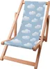 A wooden deck chair with a blue fabric seat featuring a cloud pattern, isolated on a white background. Produktbild-Vorschau
